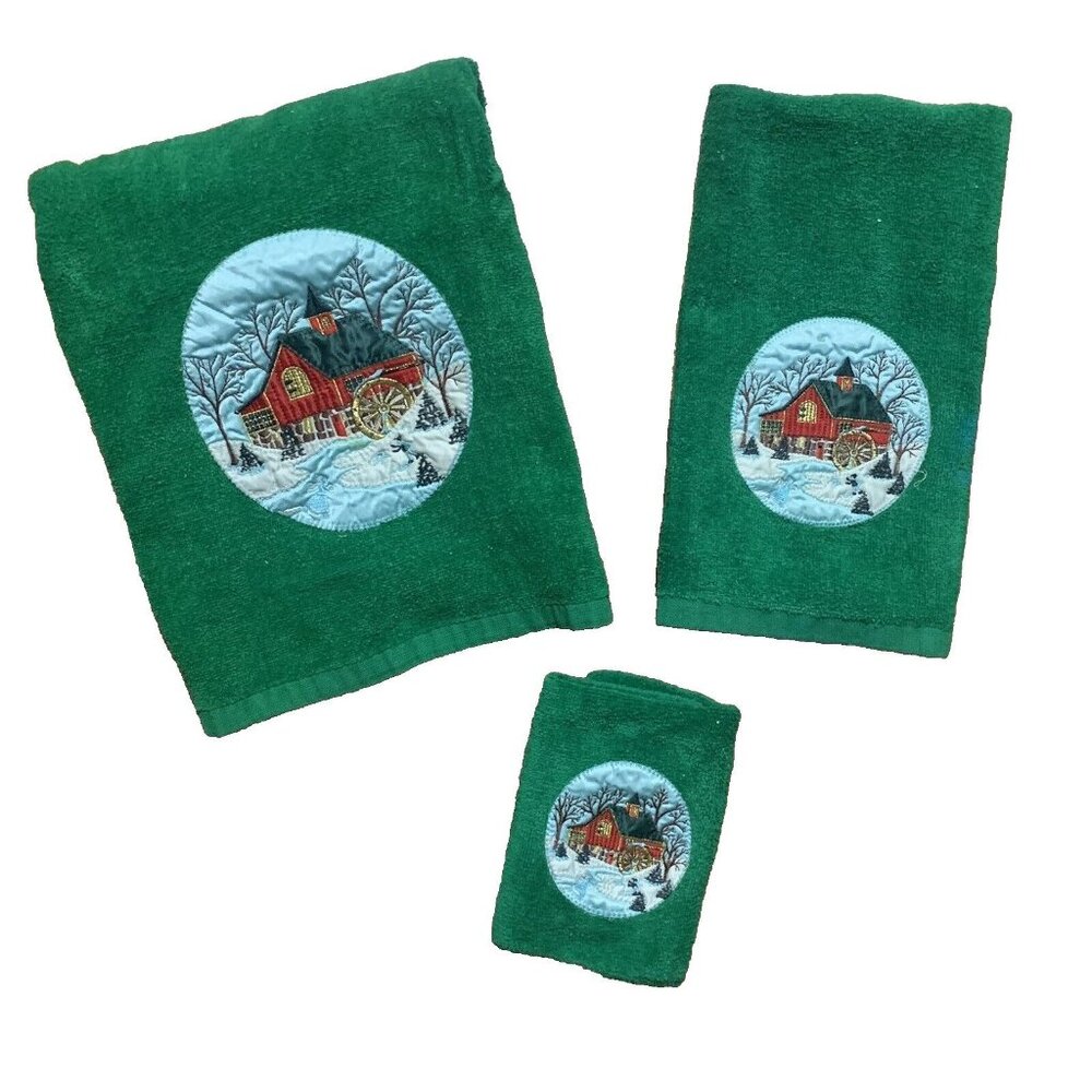 Vintage Christmas Bath Hand Towel Wash Cloth Set 3 Piece Cotton Winter Snow Barn